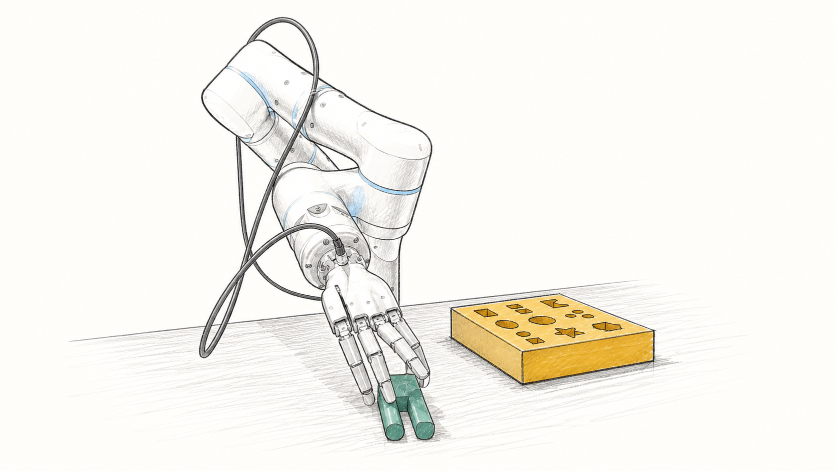 Robot hand reaching toward a two-pronged peg beside the pegboard