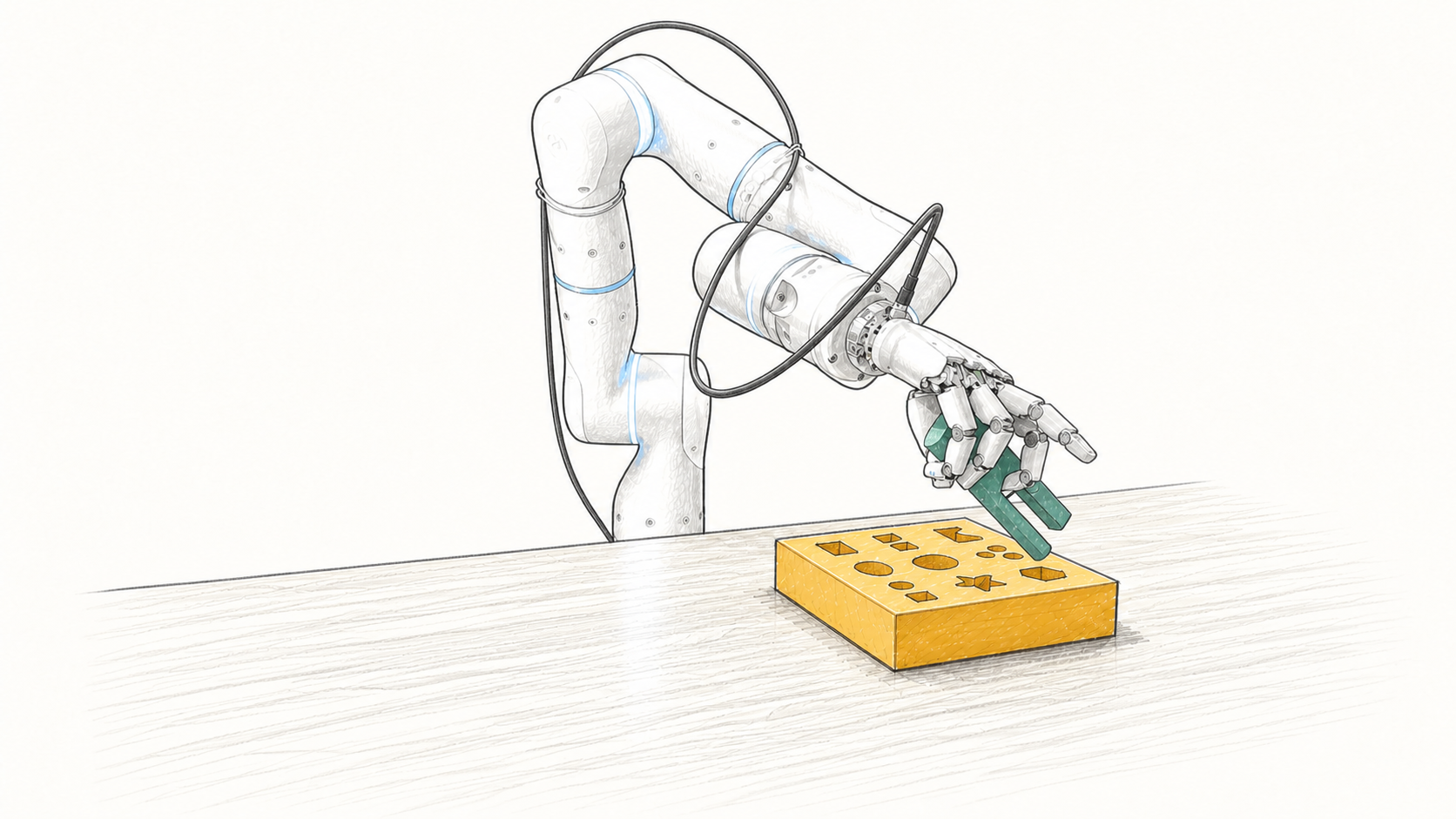 Robot hand transporting the two-pronged peg above the pegboard