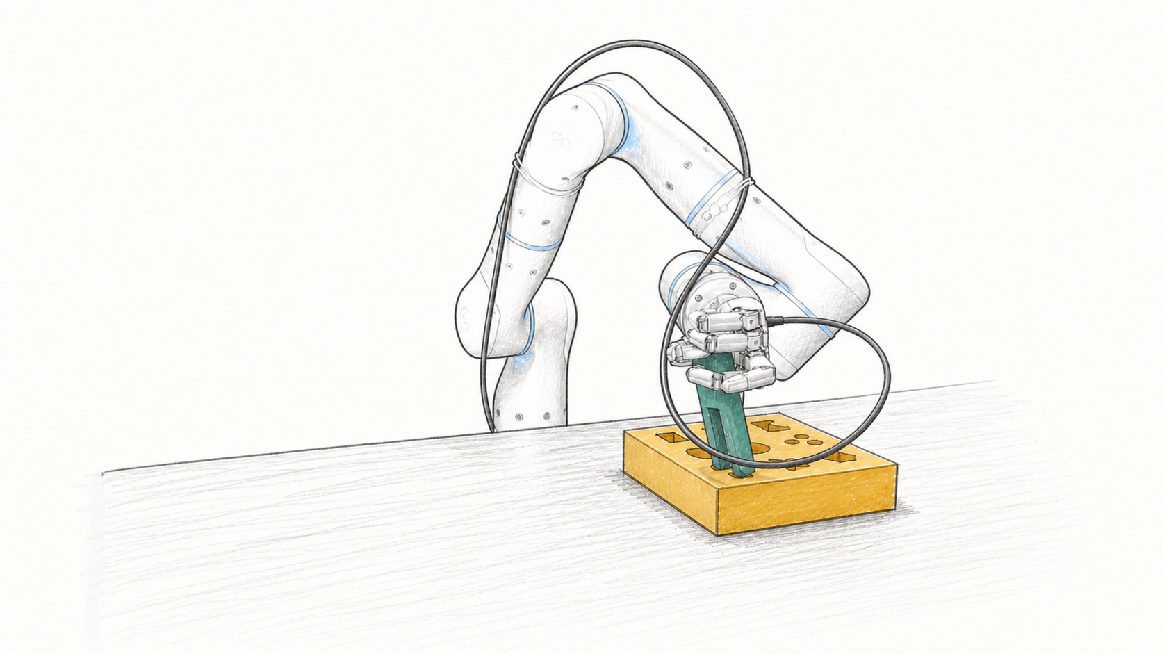 Robot hand inserting the two-pronged peg into the pegboard